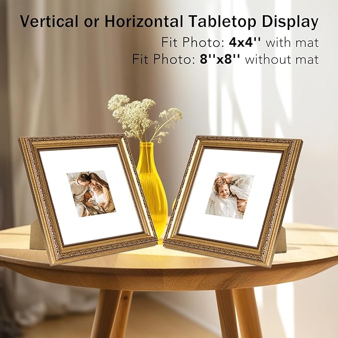 8x8 Vintage Picture Frame with 4x4 Mat Set of 2, Elegant Retro 8 by 8 Photo Frame with Shatter-Resistant Plexiglass for Wall or Tabletop Display, Gallery Decor & Gift, Gold, 2 Pack