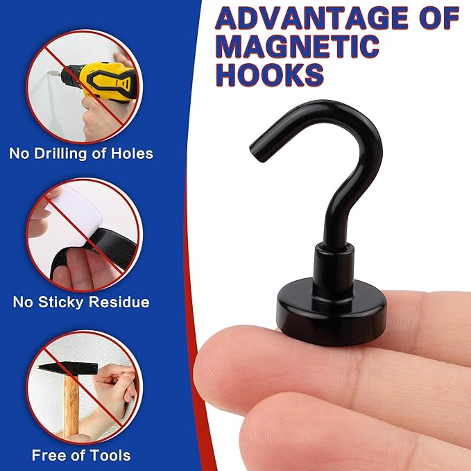 Junarter 20 Pack Magnetic Hooks, 30lbs Magnet Hooks for Cruise Cabins, Black Strong Magnetic Hooks Heavy Duty, Magnets with Hooks, Metal Magnetic Hook for Hanging, Hook Magnets for Home Decor