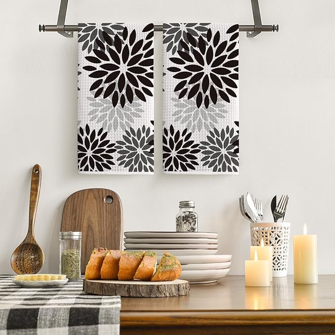 Artoid Mode Black Dahlia Floral Bar Kitchen Towels, 12x24 Inch Quick Dry Microfiber Cloth Dish Towels for Kitchen Drying Set of 2