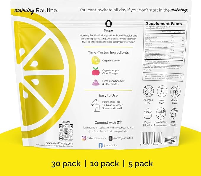 ROUTINE Morning Daily Hydration | Electrolyte Powder Packets with Apple Cider Vinegar, Lemon, and Sea Salt | Keto & Paleo-Friendly Electrolyte Drink Mix (30 Pack)