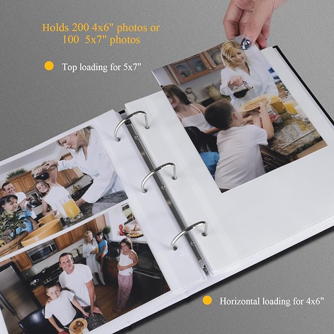 1DOT2 Photo Album 4x6 Photos Hold 200 or 5x7 Pictures Hold 100, 3 Ring Binder Photo Albums Linen Cover with 6-Tab Index Dividers Photo Book Acid Free Albums 4x6 5x7 for Family Wedding Baby (Black)