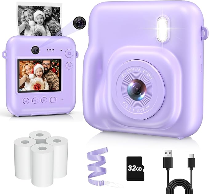 Kids Camera Instant Print, Dual-Lens 48MP Digital Camera for Christmas Birthday Gifts, 1080P Selfie Instant Cameras for Kids with 32GB Card, Print Digital Cameras for Girls Boys-Purple