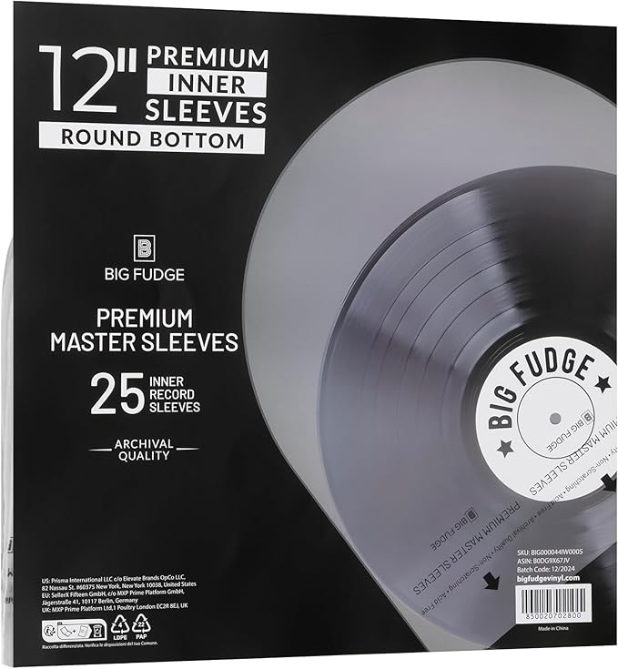 Big Fudge 12" Vinyl Record Sleeves - Round Bottom Inner Sleeves 25 Pack - Anti Static Rice Paper Acid Free Vinyl Covers - Accessories Protect LP Albums from Dust, Dirt & Scratches
