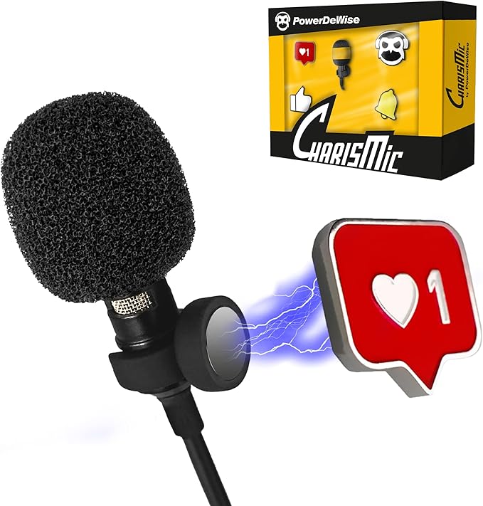 PowerDeWise CharisMic - Lavalier Clip On Microphone with Magnetic Mount and Badges for Camera or Phone - Small Lapel Mic use for Video Recording 3.5mm Noise Cancelling…