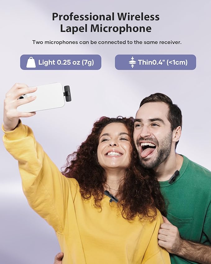 Wireless Lavalier Microphone, 2 Pack Lapel Mic Plug and Play Wireless Mic Noise Reduction Microphone