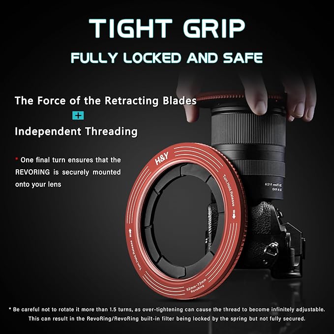 H&Y RevoRing Adjustable Step Up Ring 52-72mm to 77mm, Variable Lens Filter Adapter Ring, Universal Stepping System fits 52 55 58 62 67 72mm, Red