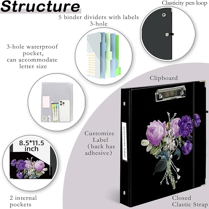 Etzul 3 Ring Binder 1 inch with Clipboard - Purple Roses Bouquet Design, Includes Dividers, File Bag & Spine Label - Bold and Sophisticated for Office or School, Holographic Waterproof Film
