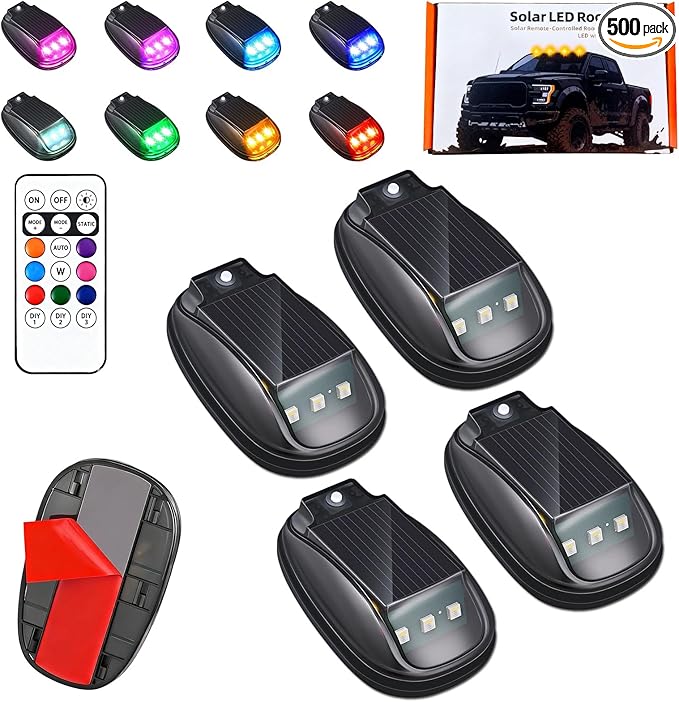 Solar Car Roof RGB Strobe Light with Remote Control Cab Signal Lam, No Drill Solar Cab Lights, 8 Colors LED Strobe Lights, Waterproof Solar LED Roof Lamp for Trucks Cars, SUVs, RVs (4pcs)