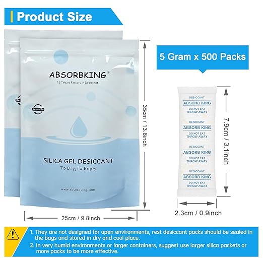 Silica Gel Packets – 500 Packs 5 Gram Moisture Absorbers Food Grade Silica Packets, Premium Desiccant Packs for Storage, Color Indicating Desiccant for Spices, Jewelry, Shoes, Electronics, Tool Box