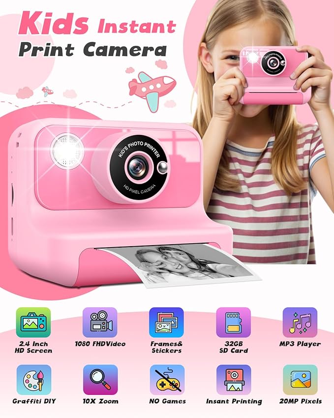Instant Print Camera for Kids, 1080P Digital Video Cameras, Christmas Birthday Gifts Toys for Age 3-12, Toddler Camera for 4 5 6 7 8 9 10 Year Old Girls - Pink