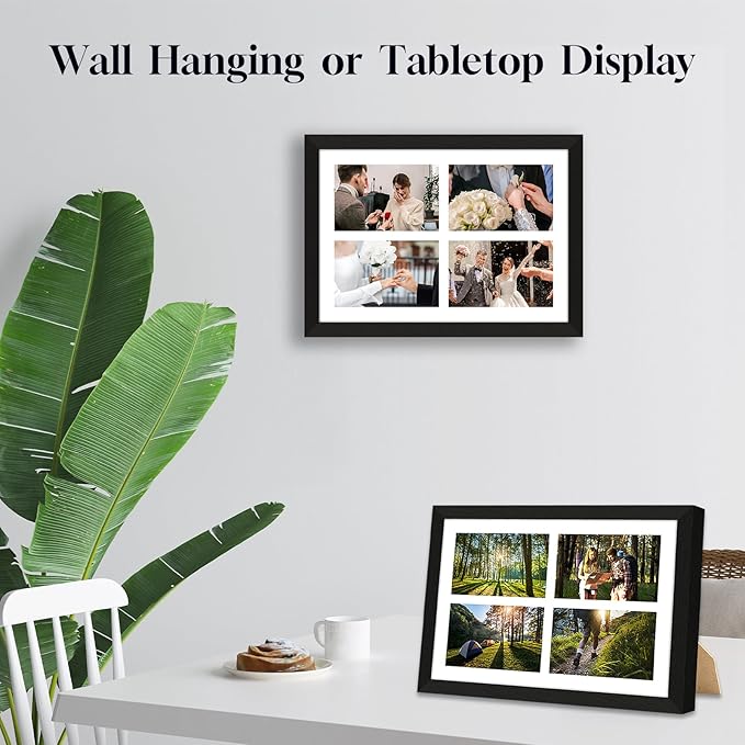 4"x6" Photo Collage Frame 4 Openings, 9.5"x13.5" Multi Picture Frame Collage Wall Decor Wooden, Black Frame with White Mat, Wood