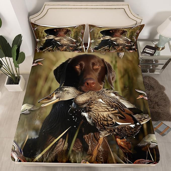 Erosebridal Duck Hunting Sheet Set Dog Hunter Bed Sheets for Kids Boys Girls Wild Animal Mallard Duck Print Fitted Sheet Hunting and Fishing Western Rustic Farmhouse Theme Flat Sheet Full Size 4 Pcs