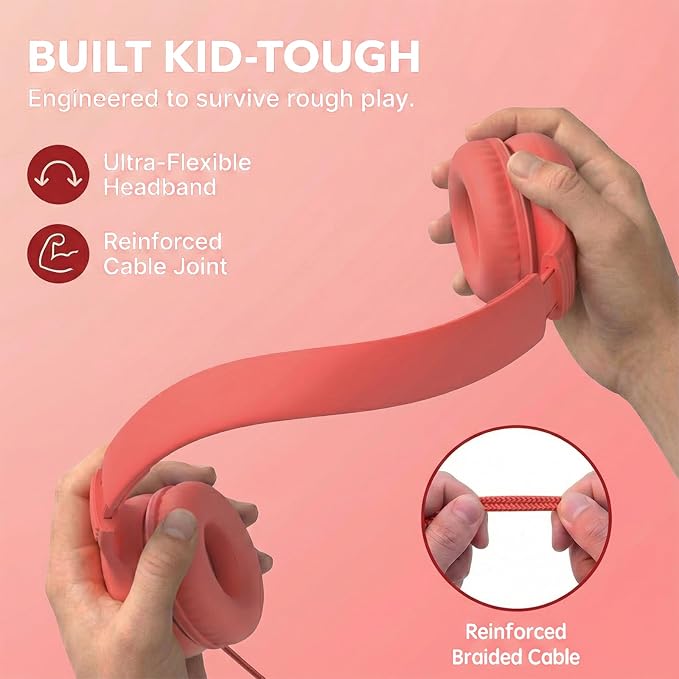 Wired Kids Headphones with USB C Plug, 85dB Safe Volume, Adjustable Headband, Tangle-Free Cord Headphones for School, Tablet, Travel (Coral Red & Soft Peach, with Microphone)