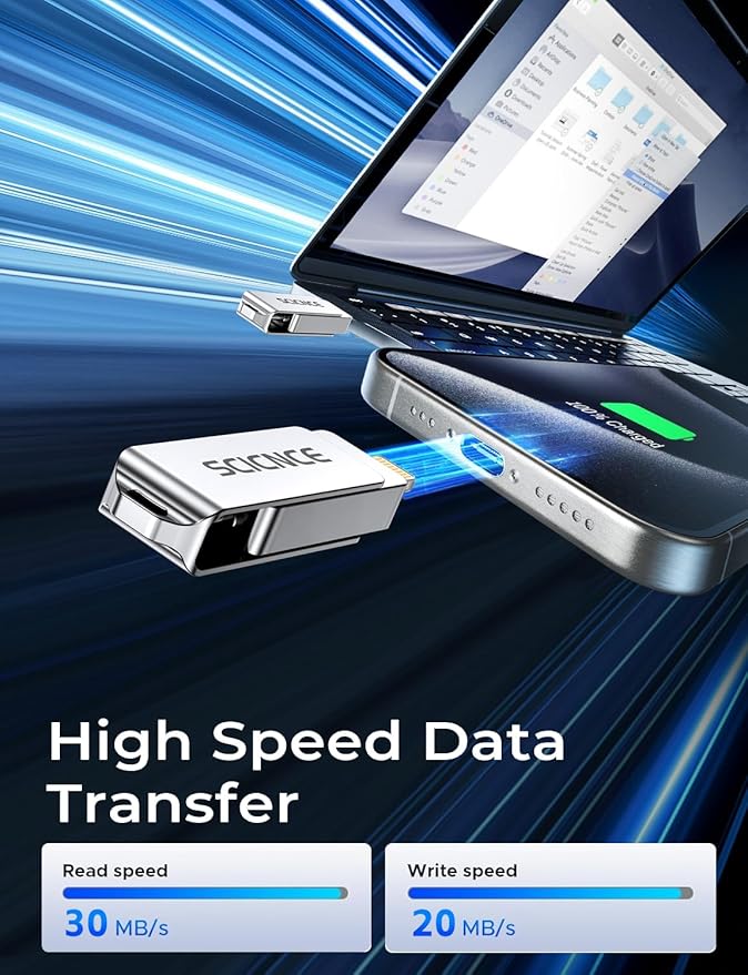 SCICNCE 256GB Flash Drive Intended for iPhone, USB Memory Stick Storage Backup for Photos Videos, Plug and Play No APP Required, Compatible with iPhone iPad Android and Computers (Metal Silver)