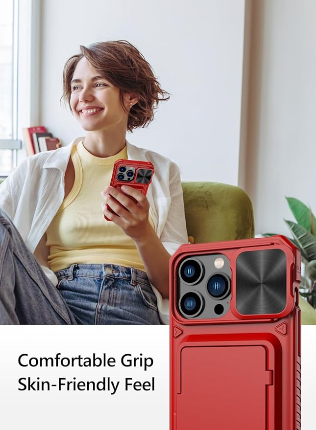 Vihibii for iPhone 15 Pro Max Wallet Case with Card Holder (4 Cards) & Slide Lens Protective Cover & Kickstand & Raised Edges Protect Screen, Shockproof Rugged Case for iPhone 15 Pro Max 6.7", Red