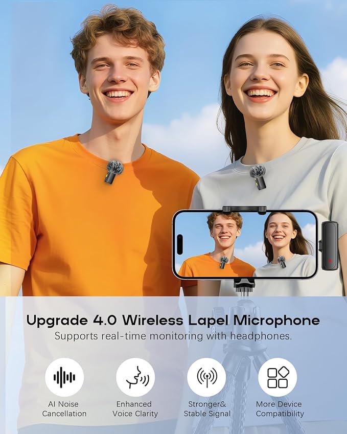 Wireless Mini Microphone for iPhone - 2 Pack Lavalier bluetooth Microphone for Video Recording, 2 In 1 Noise Reduction Lapel Mic for Android, Clip on Mini Mic for Content Creators (with Charging Case)