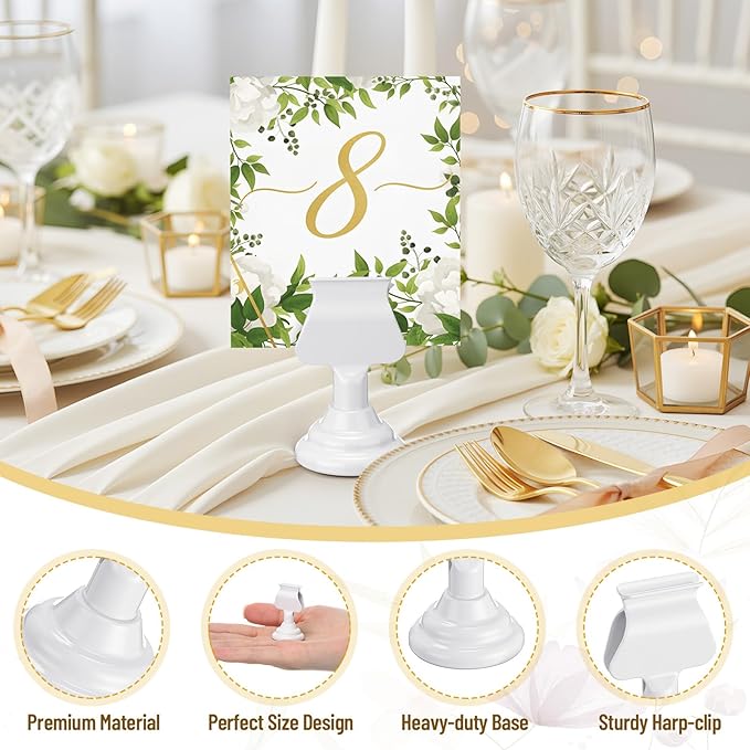 Kathfly 24 Pcs Metal Table Number Holders 1.7 inch White Mini Place Card Holders Bulk Harp-clip Table Sign Stands Card Holder Display Picture Memo Notes Menu for Weddings Restaurants Birthday Decor