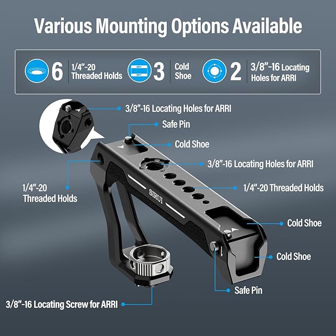 SIRUI Top Handle with 3/8"-16 Locating Pins Mount for ARRI, Camera Cage Silicone Top Handgrip with Cold Shoe with Safety Pins, 1/4" and 3/8" Threads for Microphone, LED Light, Monitor, SC-THA