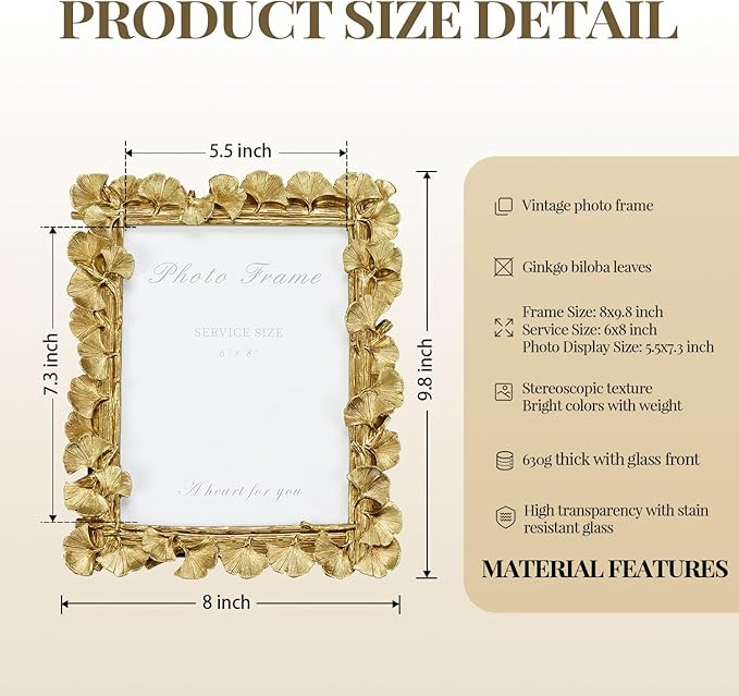 Cuspin 6x8 Picture Frame, Vintage Ornate Gold Resin Frame with Glass Front, Ginkgo Leaf Textured, Tabletop Display & Wall Hanging, Retro Home Decor