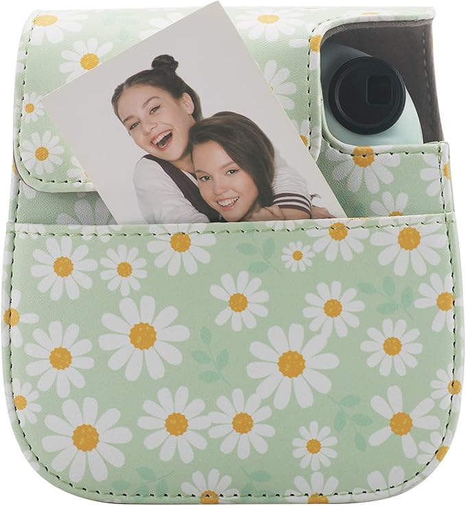 Frankmate Protective Case Compatible with Fujifilm Instax Mini 12 11 9 8 Instant Film Camera with Pocket and Adjustable Strap (Green Daisy)