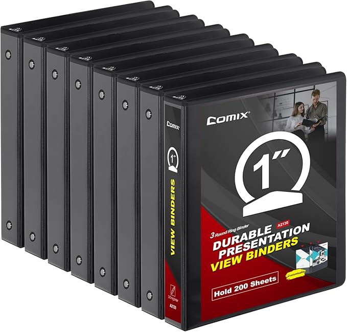 COMIX Sturdy 3 Ring Binder 1 inch with Clear View Cover, 1" Round Ring View Binder, PVC-Free, 2.4mm-Thick, 200 Sheets Capacity of US Letter Size Paper, Office ＆ School Supplies, 8 Pack (Black)
