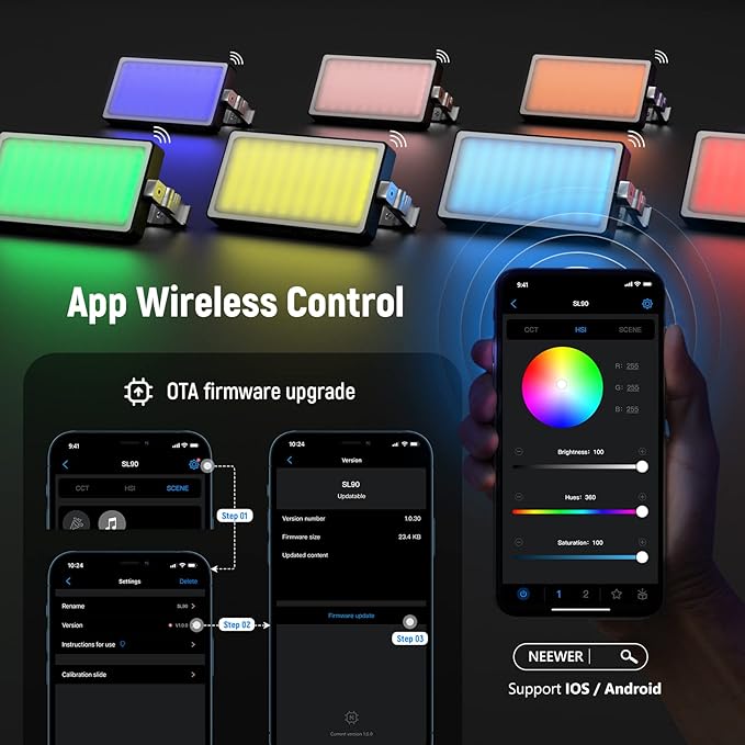 NEEWER RGB Video Light, 2500-10000K CRI97+ On Camera Selfie Light with App & 2.4G Control, 18 Light Scenes, 4300mAh Battery for Photography, SL90