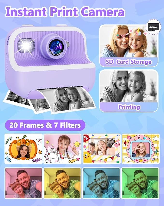 Instant Print Camera for Kids, Christmas Birthday Gifts for Girls Boys, Kids Camera Instant Print with Dual Cameras 1080P Digital Camera Toys for 4 5 6 7 8 9 10 Year Old Girl with 32GB SD Card-Purple