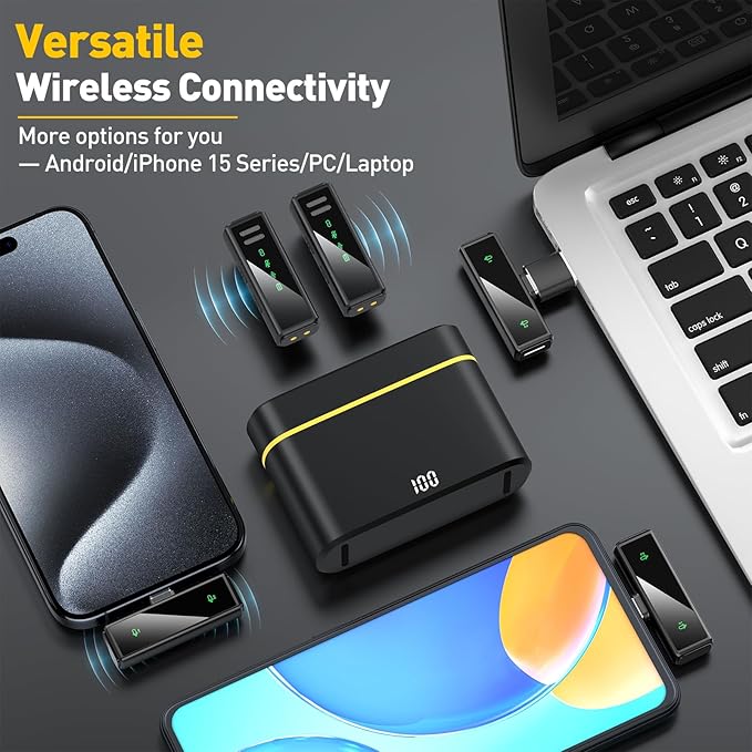 Wireless Lavalier Microphone for iPhone, Android, PC, Laptop - USB C Mini Microphone with Noise Cancellation for Video Recording, Vlog, YouTube, TikTok (USB C + Charging Case)