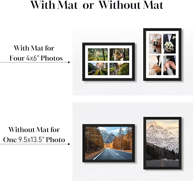4"x6" Photo Collage Frame 4 Openings, 9.5"x13.5" Multi Picture Frame Collage Wall Decor Wooden, Black Frame with White Mat, Wood
