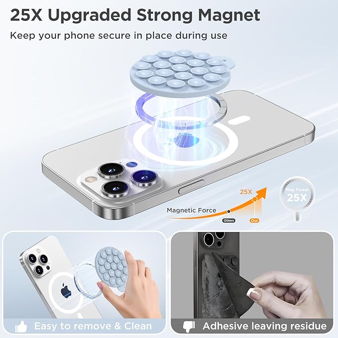 Magnetic Suction Cup Phone Mount with MagSafe, Silicone Hands-Free Grip Holder for iPhone Case and Android, Mirror Shower Phone Stand for Makeup FaceTime Gym Kitchen Bathroom, Baby Blue
