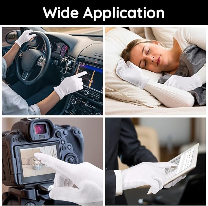 Segbeauty White Cotton Gloves with Touchscreen Fingers, 8pcs Hand Moisturizing Gloves with Elastic Band, 4 Pair Soft Cotton Sleeping Gloves for Dry Hand Overnight, White Gloves for Art Handling Medium