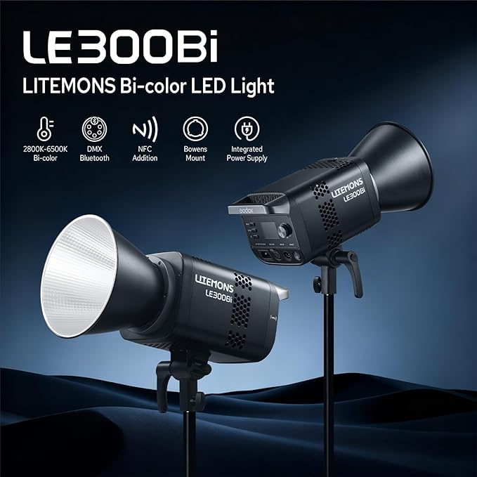 Godox Litemons LE300Bi 300W Bicolor LED Video Light, 58900Lux@1M CRI98+ Studio Bright with APP Control 11 FX Effects, 0-100% Brightness Bowens Mount LED Light(Black)