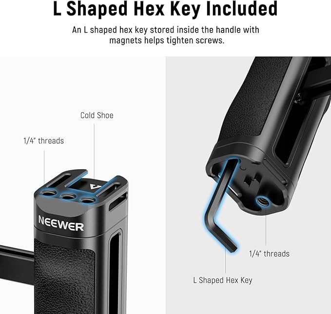 NEEWER Lightweight Side Handle, Camera Cage Rig Handle with Contoured Silicone Grip, Dual 1/4" Screws, 1/4" Threads, Cold Shoe, Vertical Adjustment, Compatible with SmallRig NEEWER Cage, CA067H