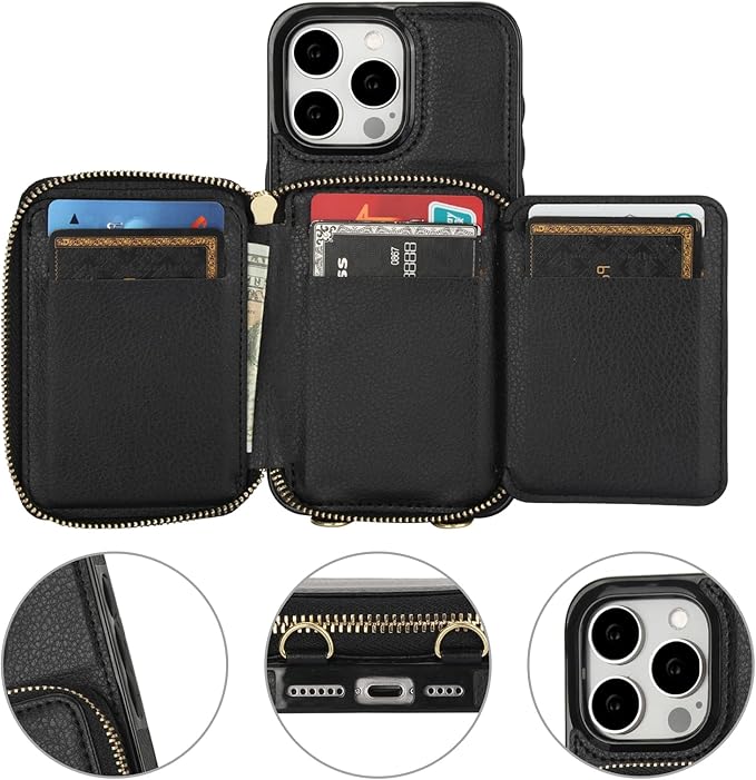 Bocasal RFID Blocking Wallet Case for iPhone 15 Pro Max, Adjustable Crossbody Zipper Purse with Kickstand and Detachable Wrist Strap, PU Leather Flip Folio Case 6.7 Inch 5G (Black)