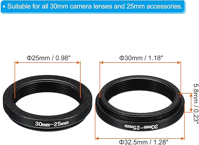 PATIKIL 30mm-25mm Metal Step Down Ring, Camera Lens Filter Adapter Ring Aluminum Filter Adapter Ring for Camera Lenses Hood, Black