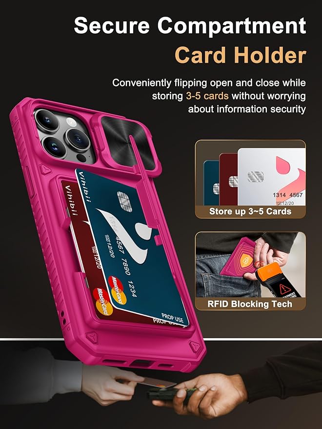 Vihibii for iPhone 14 Pro Max Case with Card Holder (4 Cards), [RFID Blocking] & Slide Camera Cover & Raised Edges Protect Screen, Military Grade Drop Protection, Rugged Wallet Case, 6.7", Hot Pink