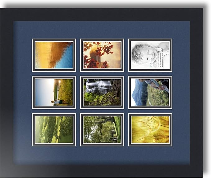 ArtToFrames Collage Photo Frame Double Mat with 9-2.5x3.5 Openings with Satin Black Frame and Midnight Blue mat.