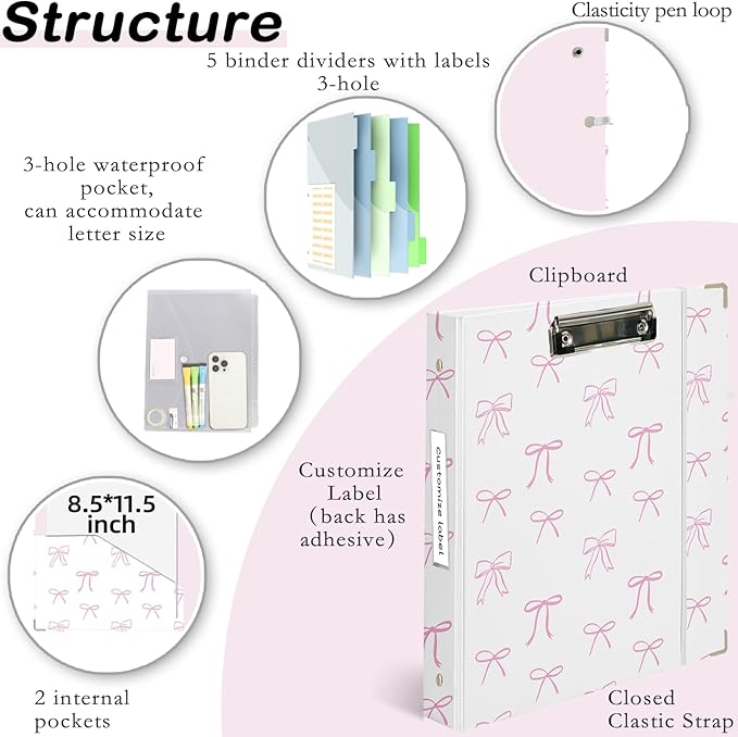 Etzul 3 Ring Binder 1 inch with Clipboard - White & Pink Bow Design, Includes Dividers, File Bag & Spine Label - Classic and Elegant for School or Work, Holographic Waterproof Film