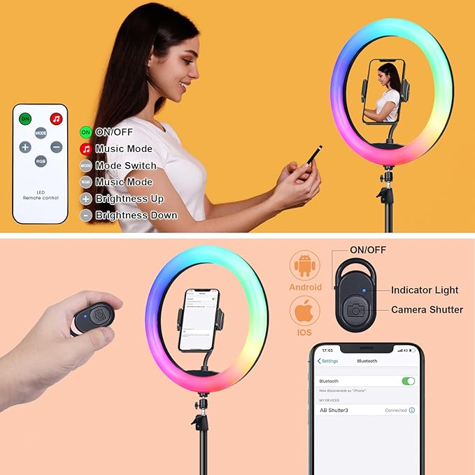 12" Selfie Ring Light with 75" Tripod Stand & 2 Phone Holder, LED Camera Ringlight with 48 RGB Colors Modes & Musical Rhythm Mode and 12 Brightness Dimmable for TikTok/Makeup/Photography/Vlog