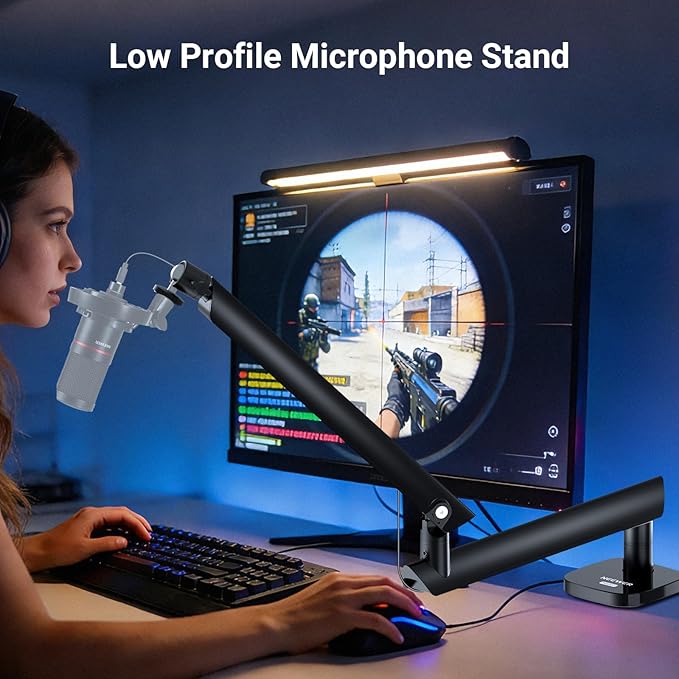 NEEWER Microphone Stand, Low Profile Damped Mic Holder Boom Arm Desk Mount, 360° Ball Head, Upgraded Cable Channels, 3/8" 5/8" Adapters for Podcast Streaming Gaming Studio, Max Load 3.3 lb, MS007