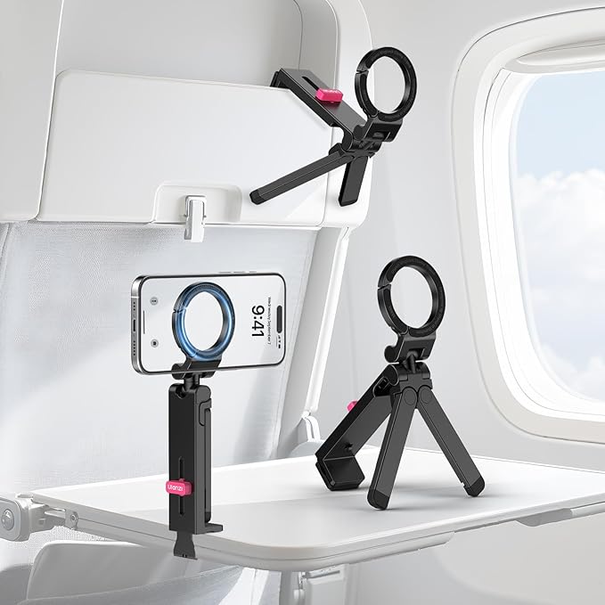ULANZI MA88 Magnetic Airplane Phone Holder for MagSafe iPhone 17-12 Series, Strongest Magnet Handsfree Phone Tripod Mount for Woman Man, 360° Rotation Long Flight Travel Essentials for Seat Tray Table