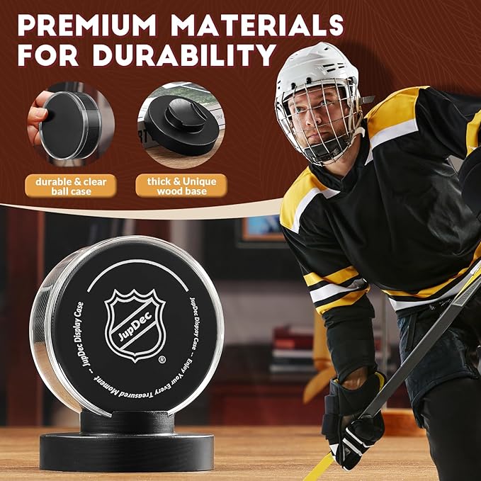 JupDec Hockey Puck Display Case Acrylic Clear Holder with Wood Base, Autograph Souvenir Display Stand, Perfect Showcase for Your Collection, Black, 1 Pack