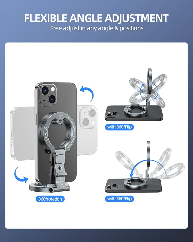 Double Magnetic Ring Phone Holder,Gym Magnetic Stand,Tripod Phone Mount with 1/4" Screw Compatible with iPhone 16/15/14/13/12 Pro Max Series & MagSafe Cases,Travel, Car, Gym,Refrigerator