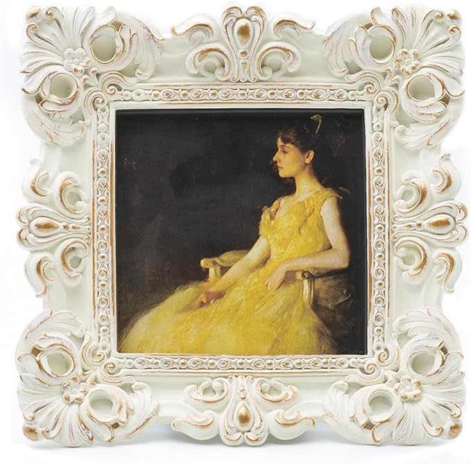 CISOO 4x4 Vintage Small Picture Frame, Antique Ornate White and Gold Square Photo Frame, for Table Top and Wall Display, Decorative Floral Design Retro Home Decor, Photo Gallery Art