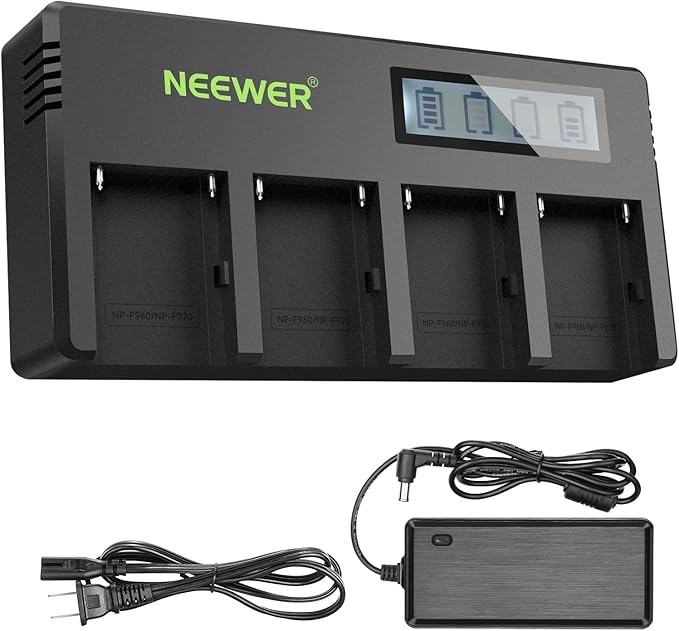 Neewer 4-Channel NP-F Battery Charger with LCD Screen & Power Adapter, Compatible with Sony NP-F550 F570 F750 F770 F930 F950 F960 F970 FM50 FM500H QM71 QM91 QM71D QM91D Camcorder Li-ion Batteries