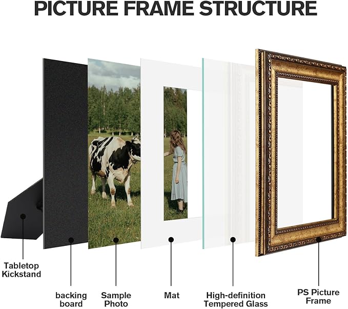 5x7 Gold Picture Frame, Ornate Vintage Picture Frames for Wall or Tabletop Display, 5x7 Photo Frame Gold with Real Glass, Display Poster 4x6 with Mat or 5x7 without Mat for Antique Déco