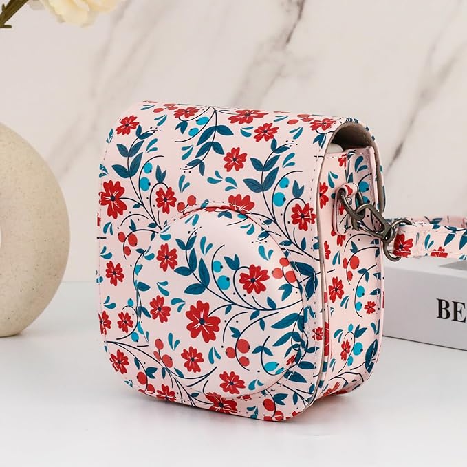 Frankmate Protective Case Compatible with Fujifilm Instax Mini 12 11 9 8 Instant Film Camera with Pocket and Adjustable Strap (Flowers Red)