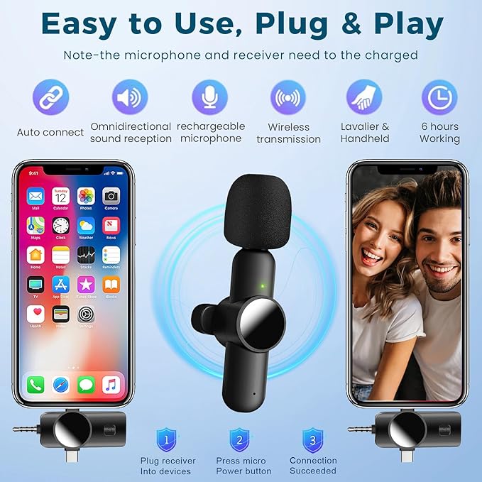 3 in 1 Mini Microphone,Wireless Lavalier Microphones for iPhone Android Camera USB-C,2.4G Ultra-Low Delay,Noise Reduction,Microphone Video Recording, Live Streaming (Black, 3microphone) (3) (3)