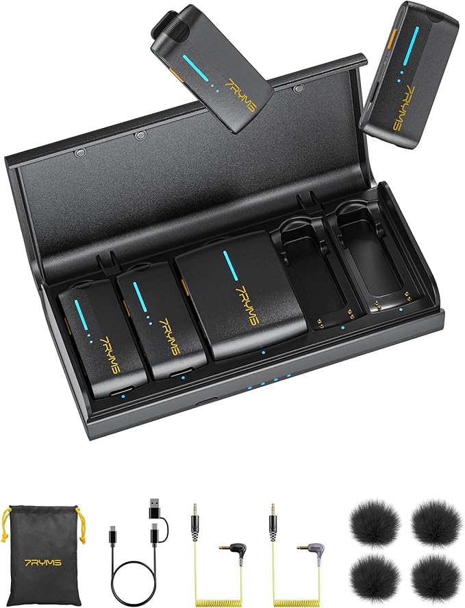 7RYMS iRay DW40 4-Channel Wireless Lavalier Microphone with Noise Cancellation, 656ft Range, 12.5H Working, Wireless Laple Mic for iPhone, DSLR Camera, Android, Video Recording Podcast Live-Stream