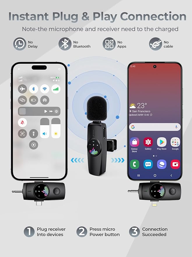 Wireless Lavalier Microphone for iPhone 3-in-1 Mini Mic with 20H Battery & 80ft Range - DSP Noise Cancellation, Smart Modes for Content Creators Live Streaming